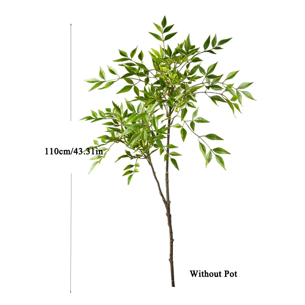 Artificial Nandina plant with green leaves shown standing tall without a pot.