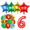 A set of colorful foil balloons shaped like stars and the number six for a birthday party decoration