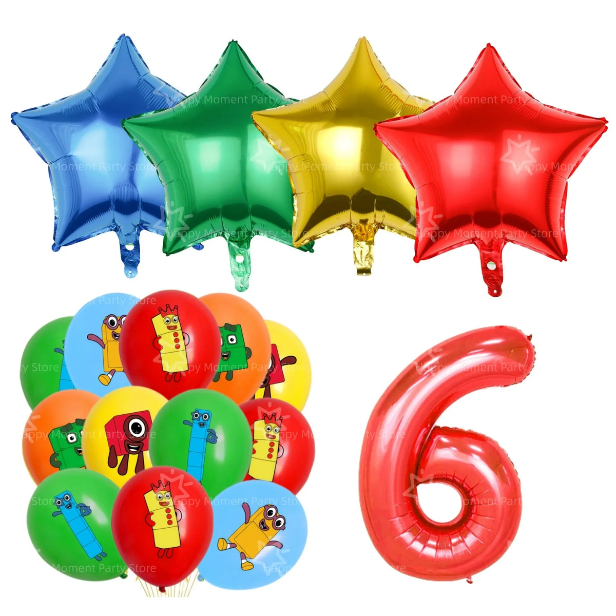 A set of colorful foil balloons shaped like stars and the number six for a birthday party decoration