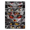 A vertical panel featuring a series of intense, stylized anime eyes with red and yellow irises against a dark gray background