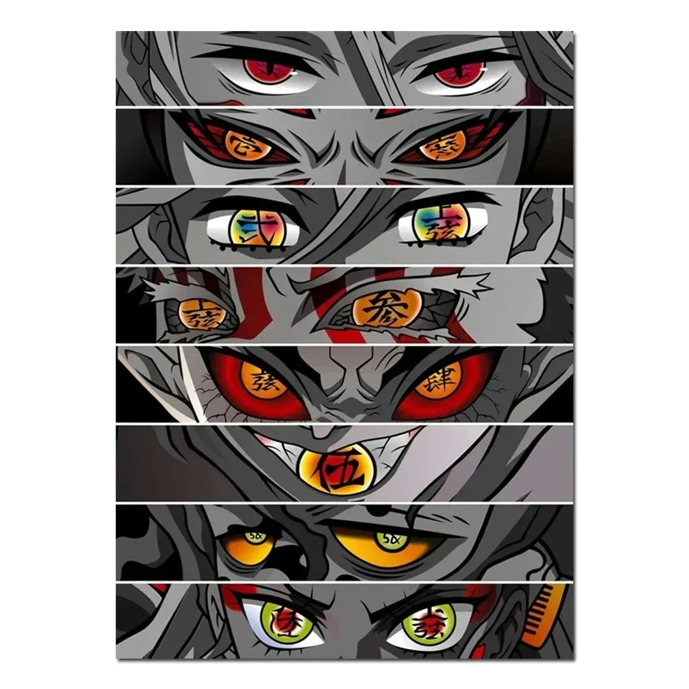 A vertical panel featuring a series of intense, stylized anime eyes with red and yellow irises against a dark gray background