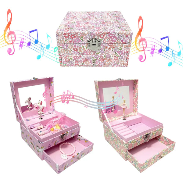 Pink ballet jewelry music box featuring a rotating dancer and storage drawer with musical notes flowing around it.