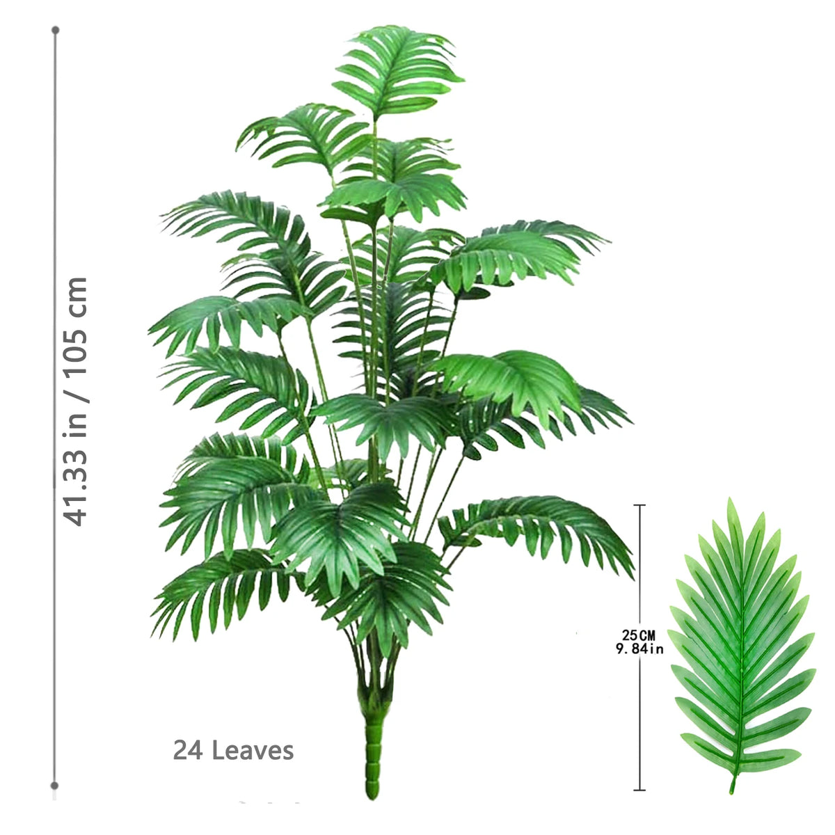 A realistic artificial palm tree featuring lush green silk leaves and a slender trunk.
