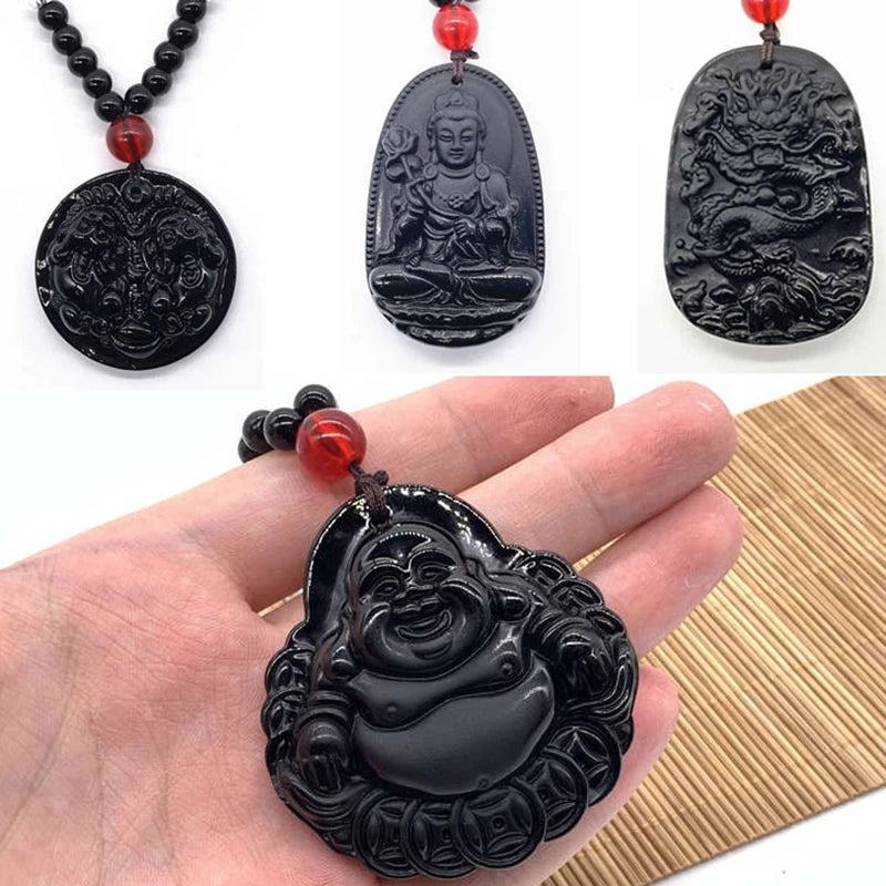 Amitabha Buddha Carved Obsidian Pendant Necklace