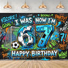 A colorful birthday party decoration set featuring text like Score Goal I Was Now I'm and Happy Birthday in a graffiti style.