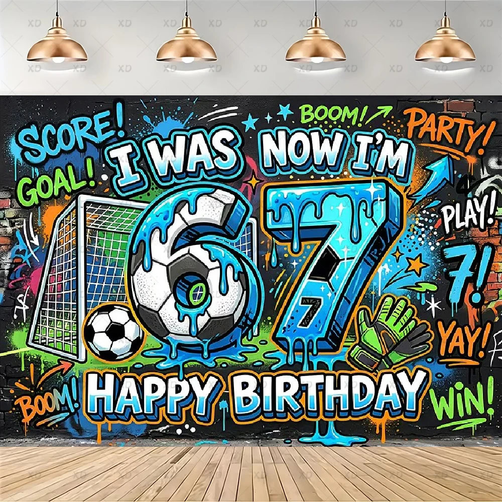 A colorful birthday party decoration set featuring text like Score Goal I Was Now I'm and Happy Birthday in a graffiti style.