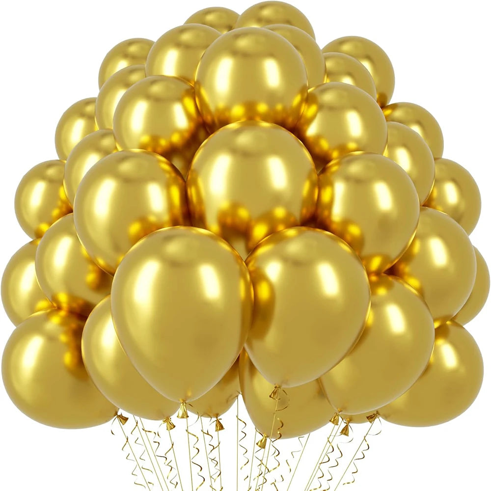 A cluster of metallic gold balloons tied together for party decorations.