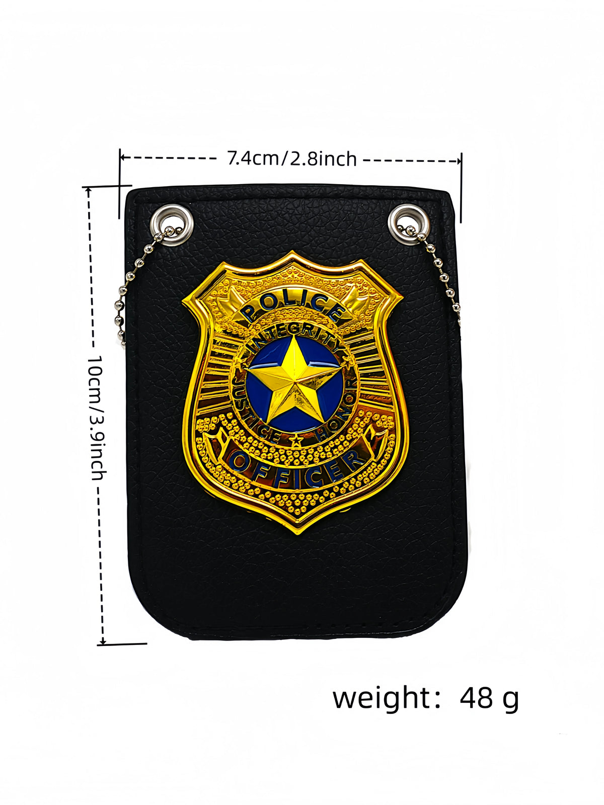 Porta credencial de cuero negro con emblema y estrella policial dorados y cadena colgante.