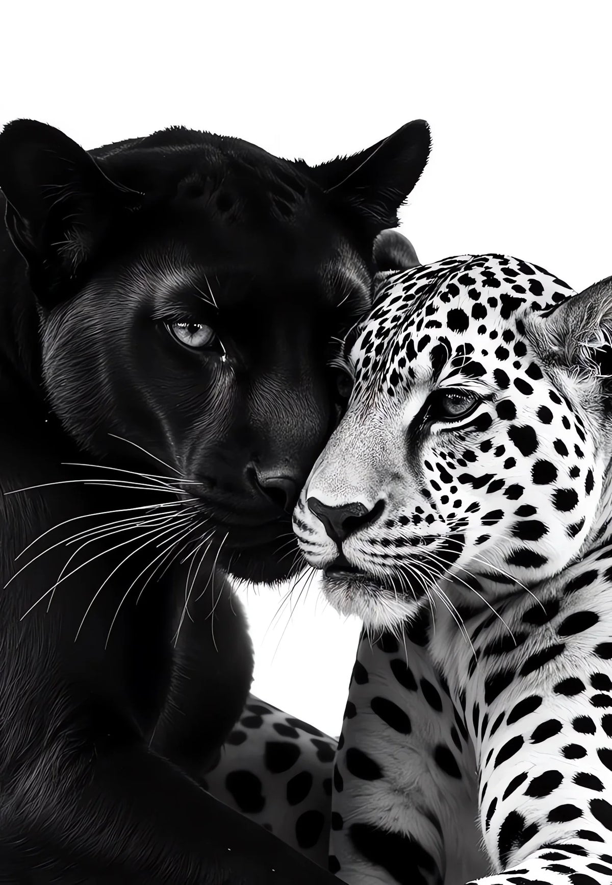 A close-up portrait of a black panther and a white leopard looking at each other.