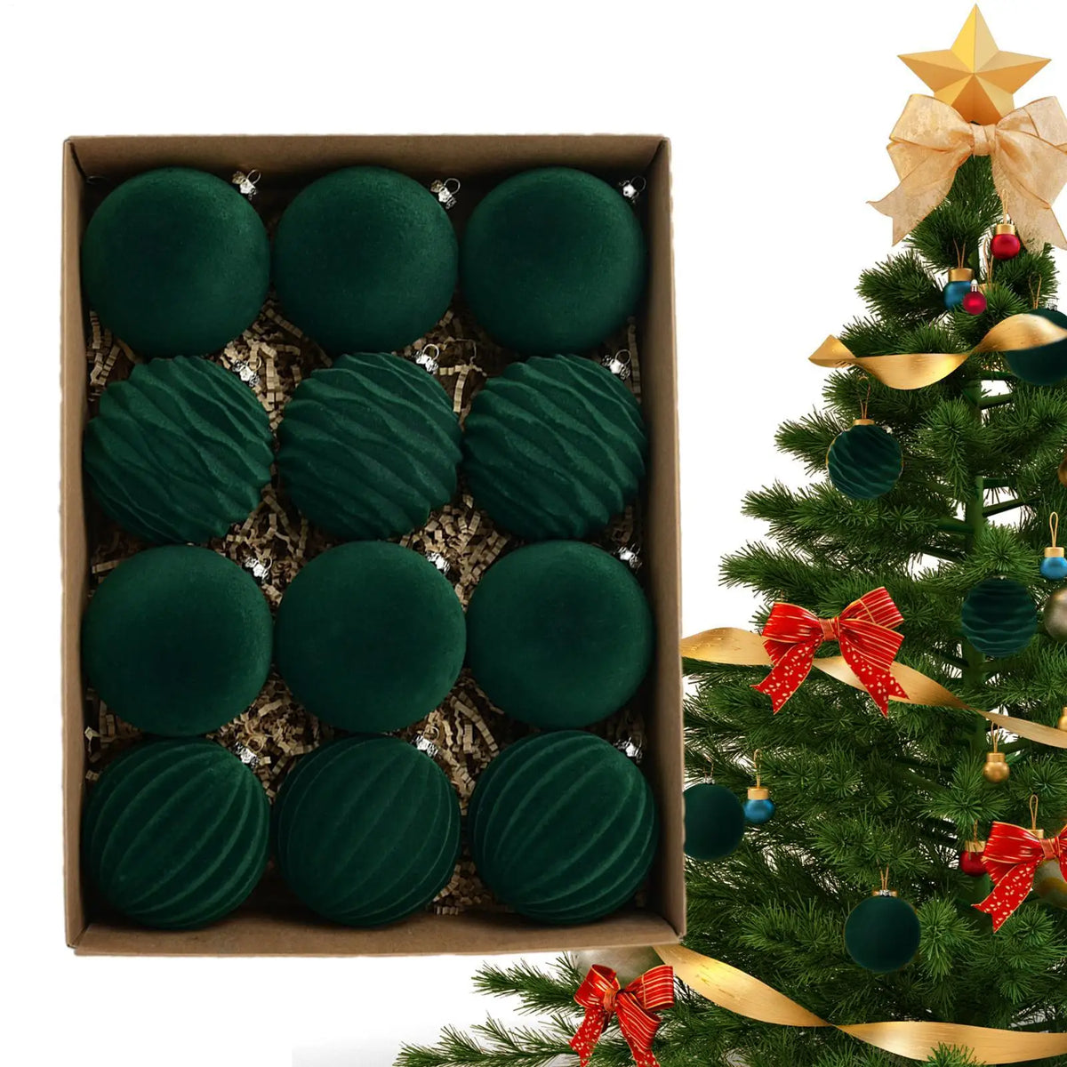 Velvet Flocked Christmas Tree Ornaments (Set of 12)