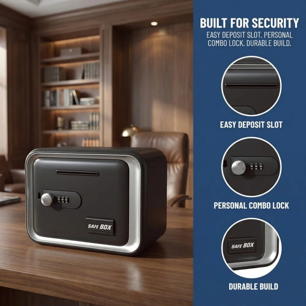 A black safe box with a silver trim is displayed on a wooden table, showing features like an easy deposit slot and personal c