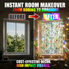 Before and after comparison showing a room makeover with vintage floral mosaic window film.