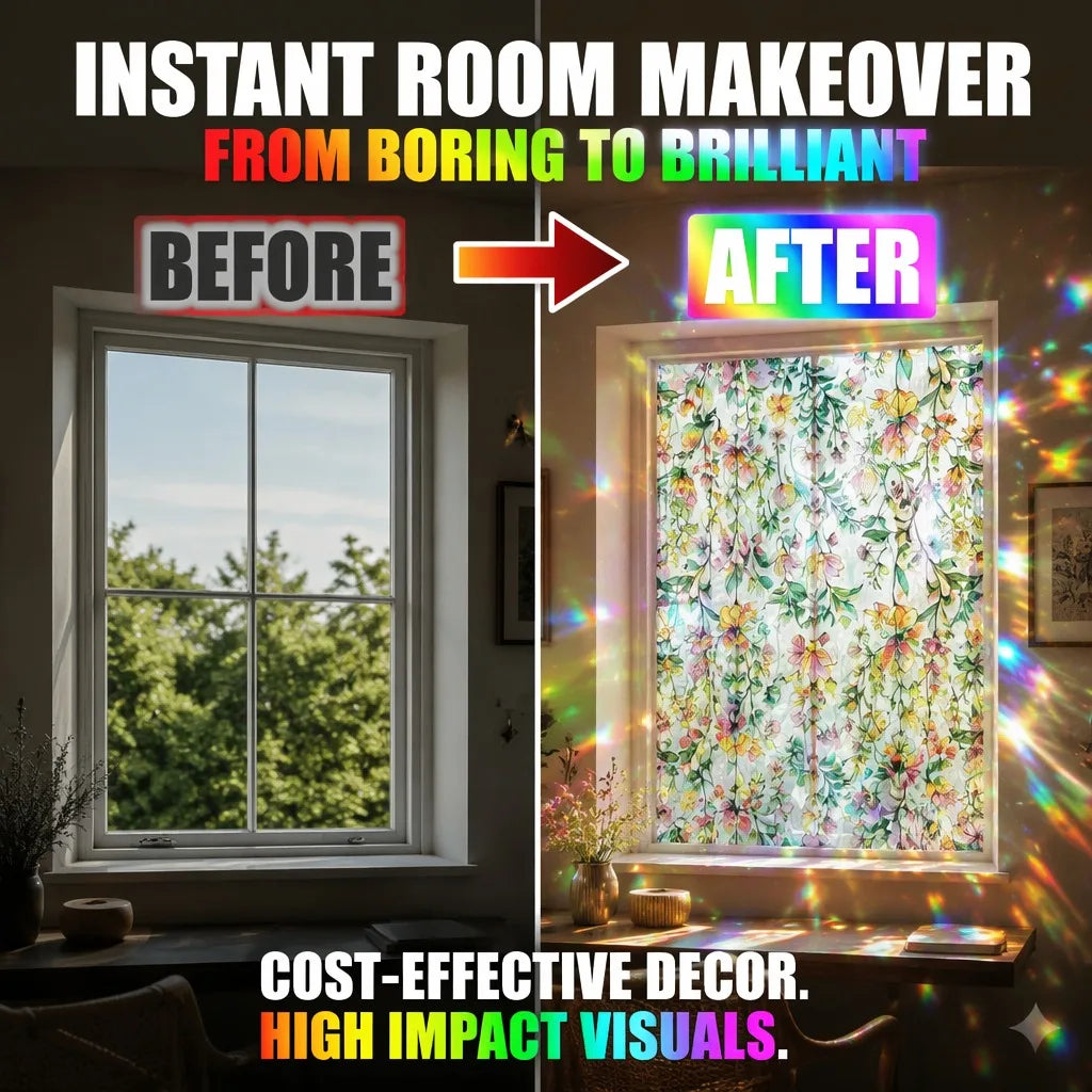 Before and after comparison showing a room makeover with vintage floral mosaic window film.