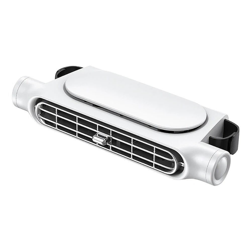 A white car backseat cooling fan with a grille and a handle is shown from the side.
