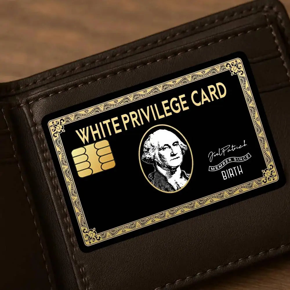 A black leather card holder features a white privilege membership card with gold accents and a portrait.