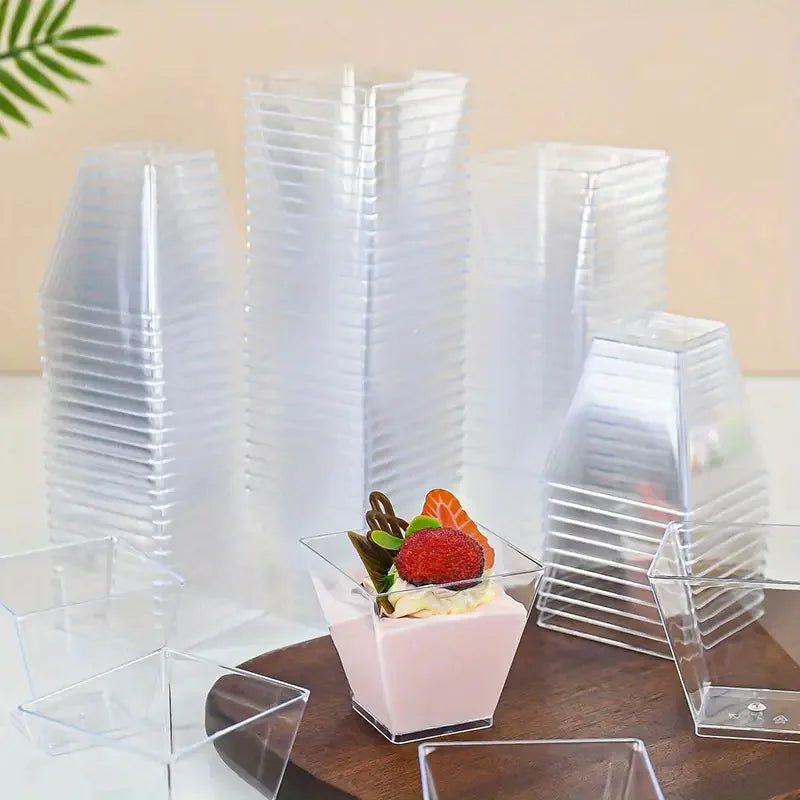 Clear Plastic Mini Dessert Cups with Spoons – Square Parfait & Appetizer Bowls for Parties