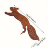 A rustic wrought iron cat ornament in a reddish-brown color, shown in profile with dimensions.