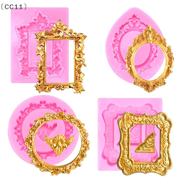 Four silicone frame molds in pink and gold for chocolate, clay, and craft projects
