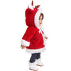 A Christmas doll outfit set featuring a red hooded jacket with white trim and dark pants.