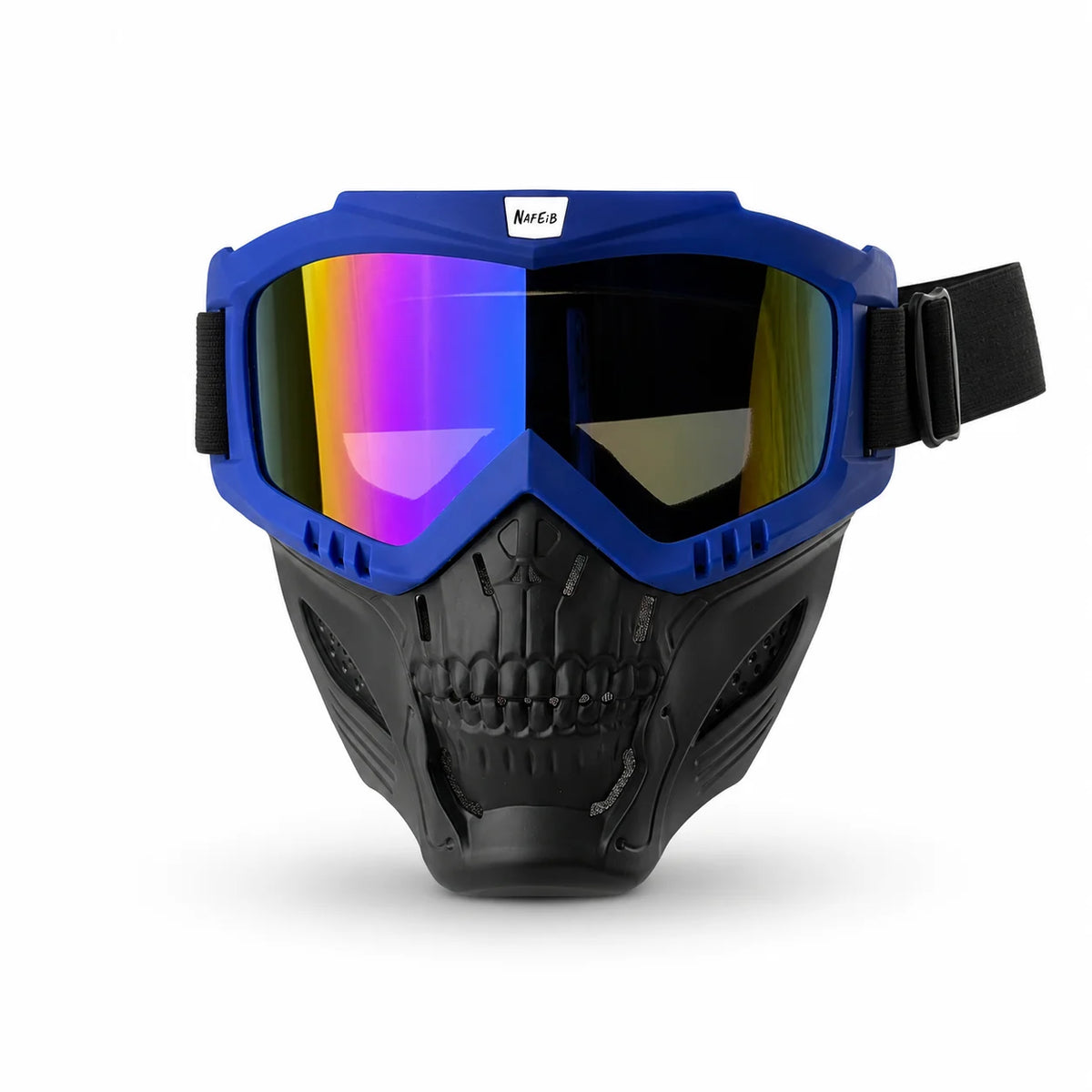 Blue full face skull riding goggles with a black mask and strap
