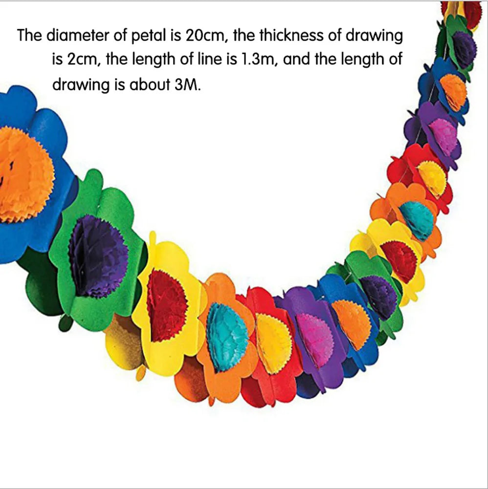 A colorful lei made of fabric flowers in various shades of blue, yellow, green, and purple.
