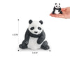 A realistic panda figurine set showing a seated panda and a standing panda, with dimensions provided.
