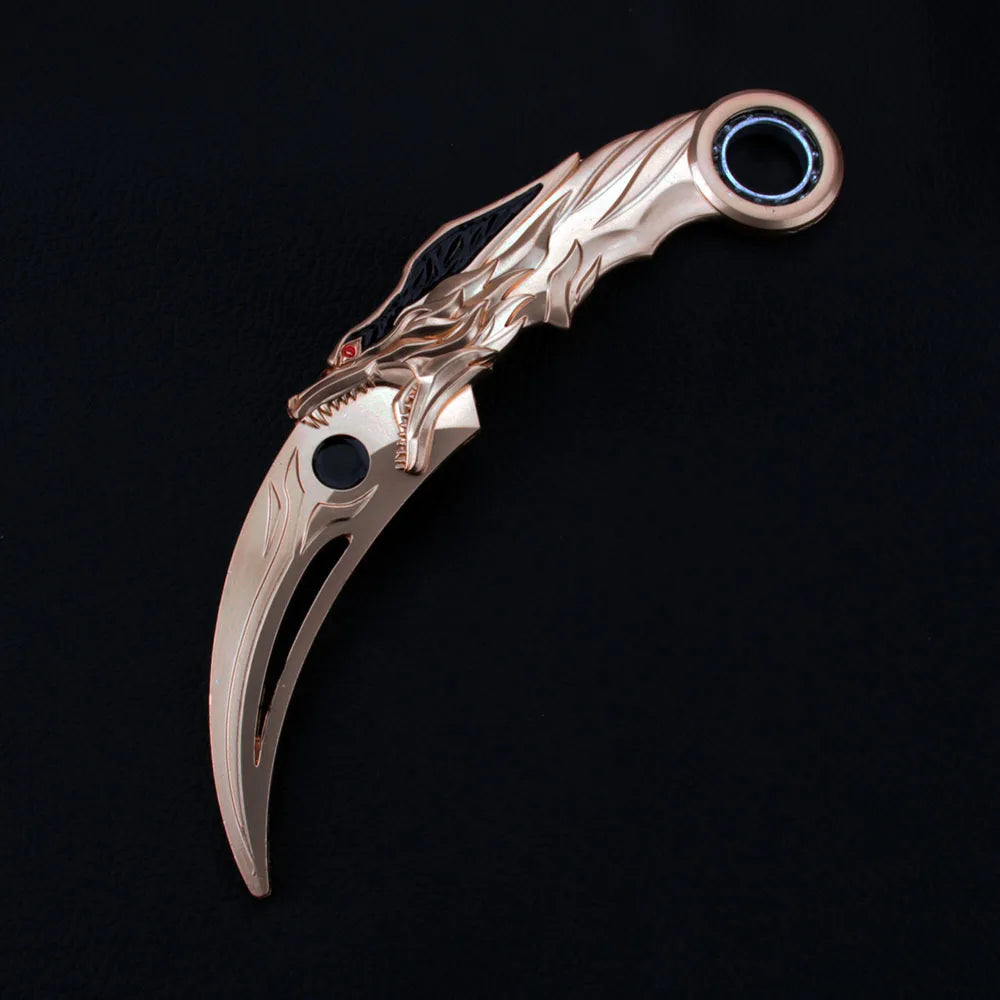 Anime-style blue dragon rotating claw knife model collectible display piece in gold finish