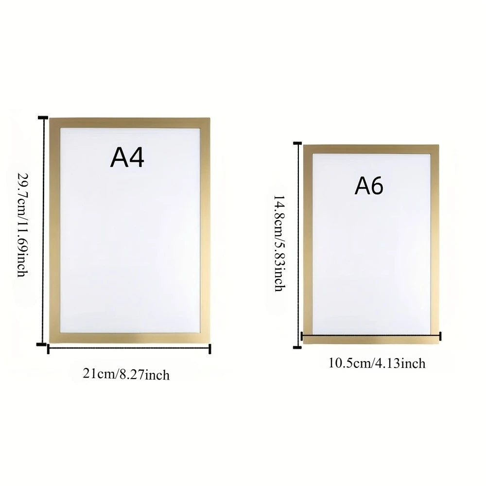 A set of three minimalist gold-framed magnetic wall display boards labeled A4 and A6 sizes.
