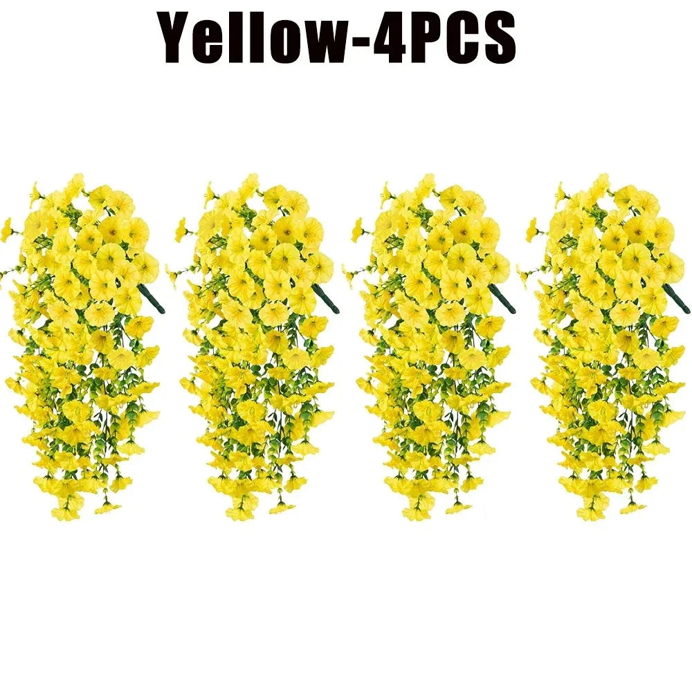 Four bunches of yellow artificial morning glory hanging vines for decoration