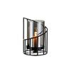Elegant metal and glass candle holder with a flickering flame inside.