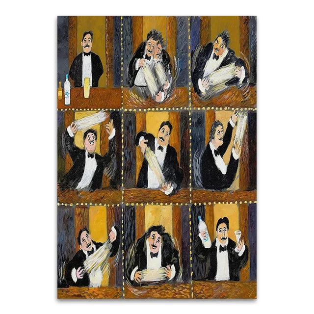 A canvas print depicting vintage cocktail illustrations of men making martinis in a grid pattern.