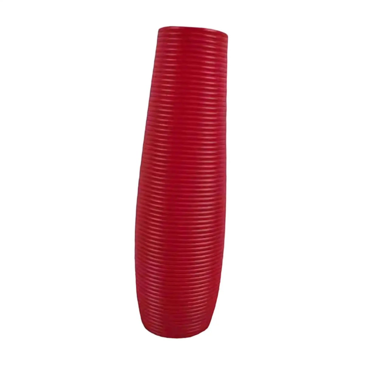 A red, cylindrical floor vase with a ribbed texture.