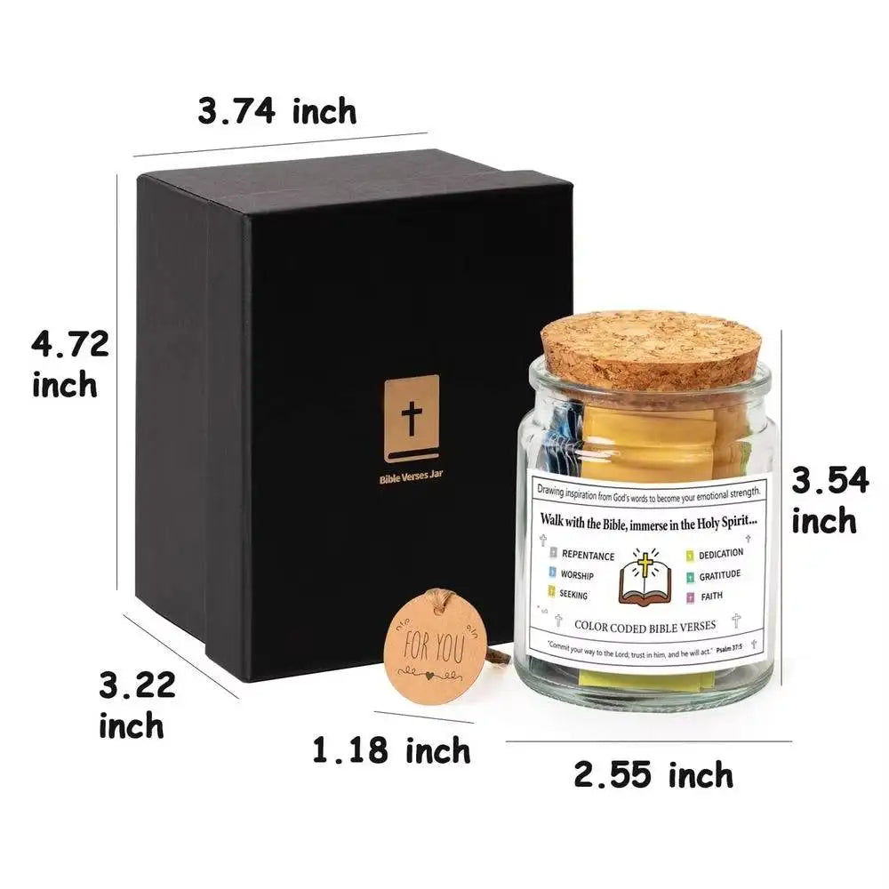 A black box containing a glass jar of Bible verses for faith and comfort with various devotion themes.