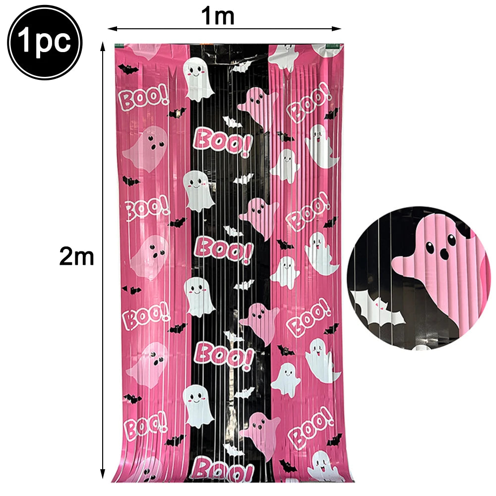 Halloween Foil Fringe Curtain – Pumpkin, Ghost & Bat Print Party Backdrop