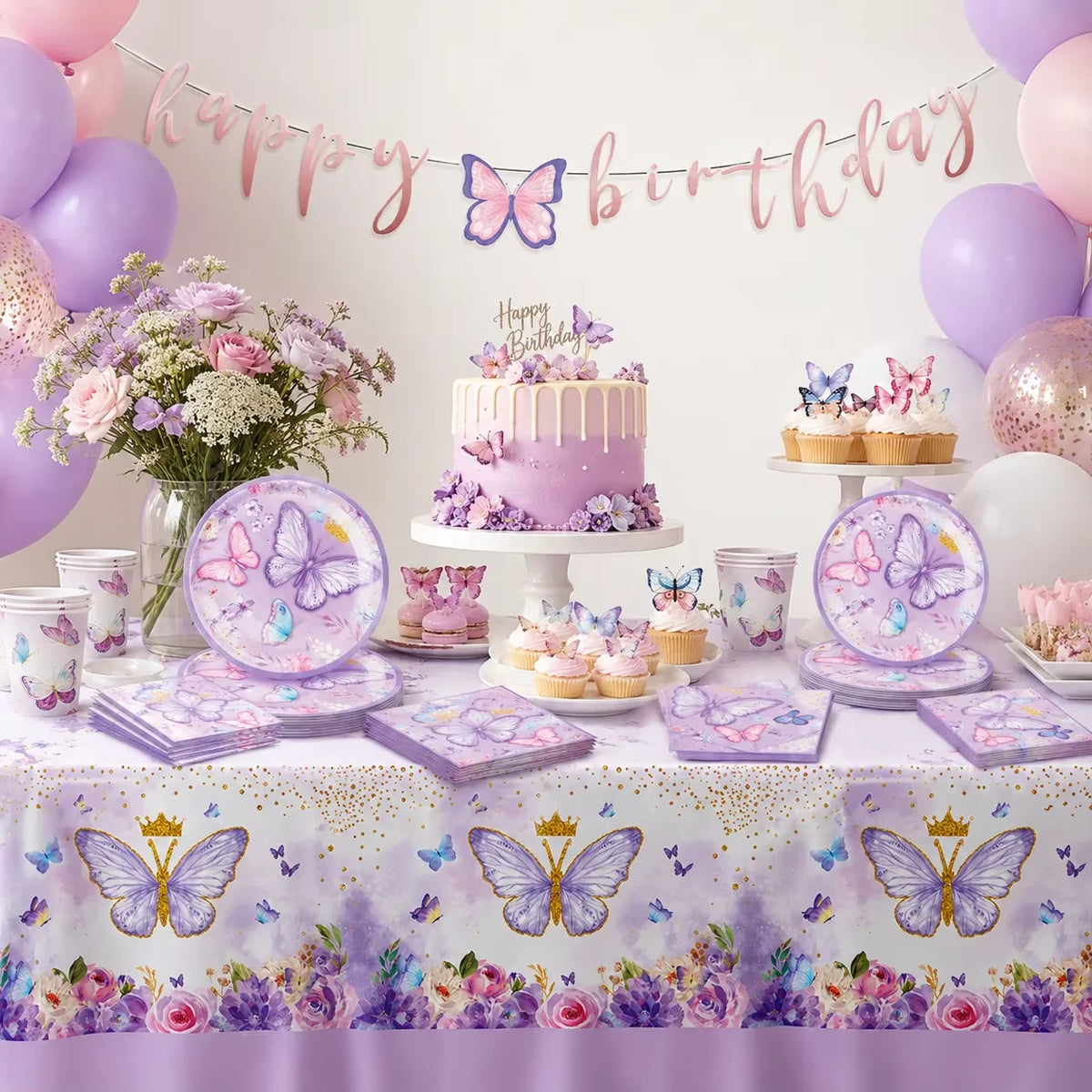 A purple and pink butterfly theme disposable party set featuring balloons, decorations, and treats.