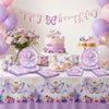 A purple and pink butterfly theme disposable party set featuring balloons, decorations, and treats.