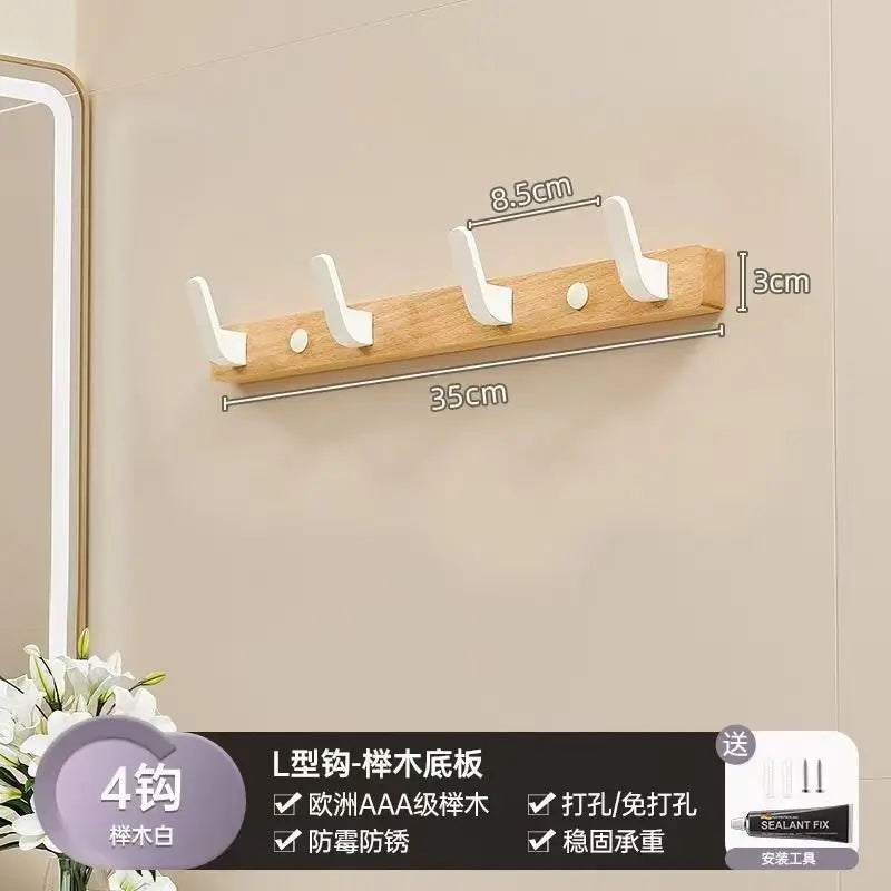 Walnut wood coat rack with 8 hooks and storage shelf mounted on a wall