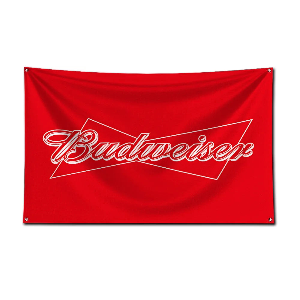 A red fabric flag featuring white text spelling out Budweiser across a diagonal white line.