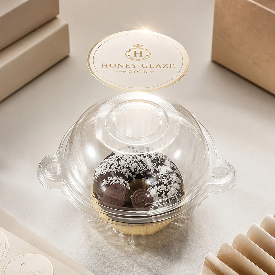 A clear glass cup filled with chocolate cupcakes dusted with powdered sugar, presented in a gold-accented box.