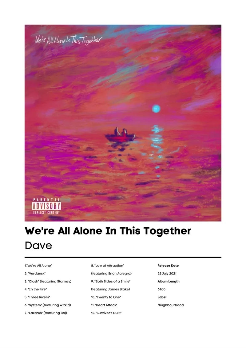 Album cover art for Dave featuring a silhouette of a person on the water against a vibrant pink and purple sunset sky