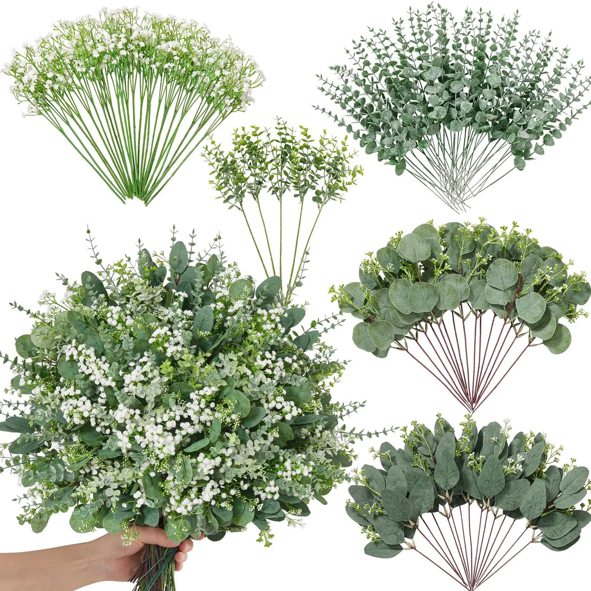 Colección de frescas ramas y follaje de eucalipto verde para arreglos florales DIY.