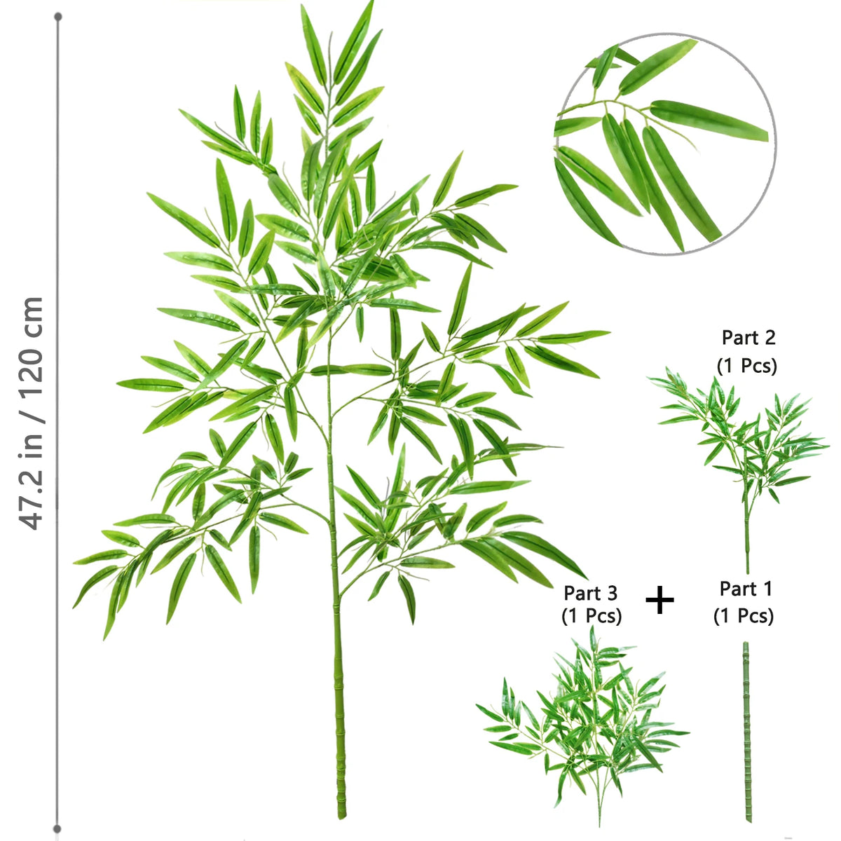 Illustration of an artificial bamboo branch with green leaves, showing separate parts for assembly.