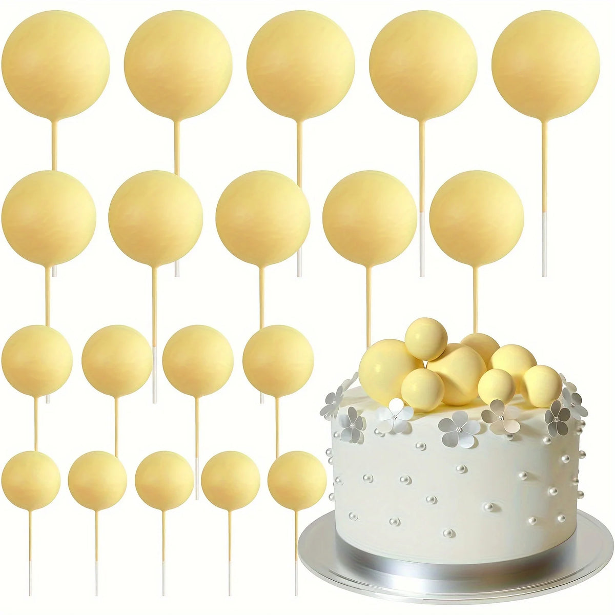 A set of twenty yellow mini foam ball cake toppers on sticks for DIY party decor