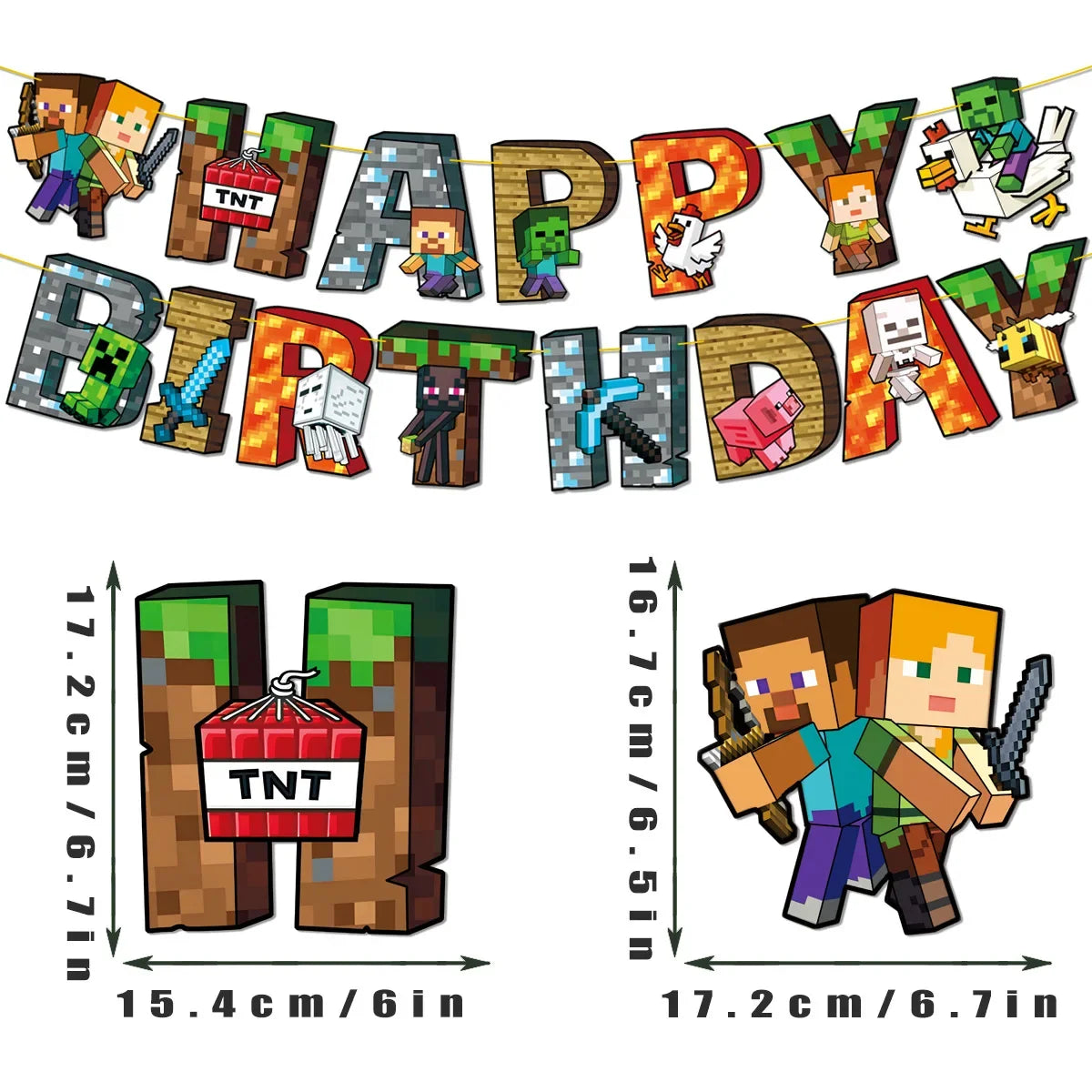 A colorful banner featuring pixel art characters celebrating a birthday, suitable for kids' parties.