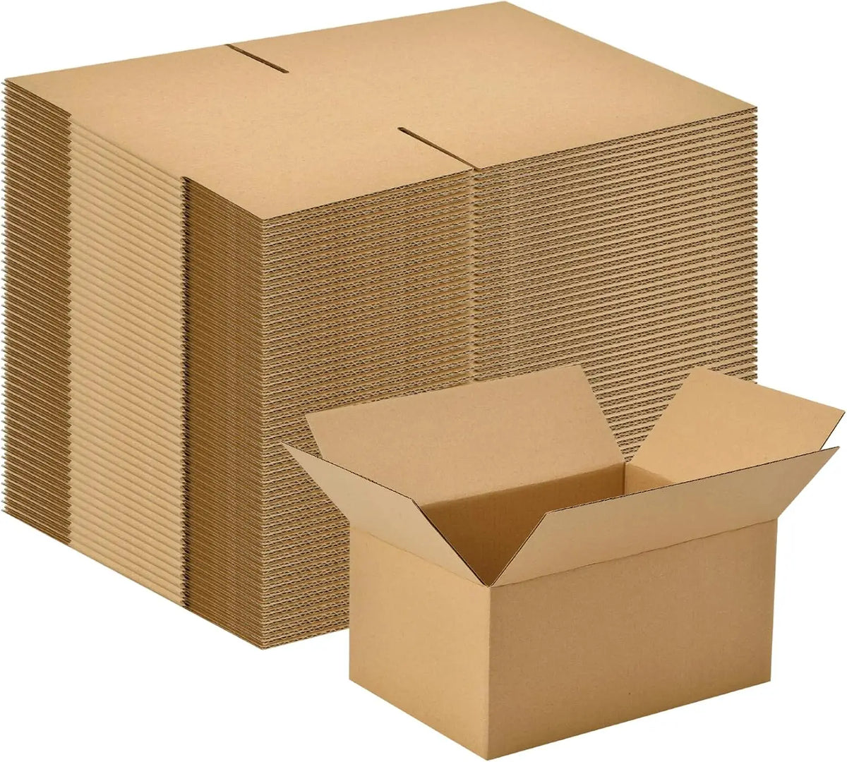 A stack of 100 sturdy corrugated cardboard shipping boxes in natural brown color.
