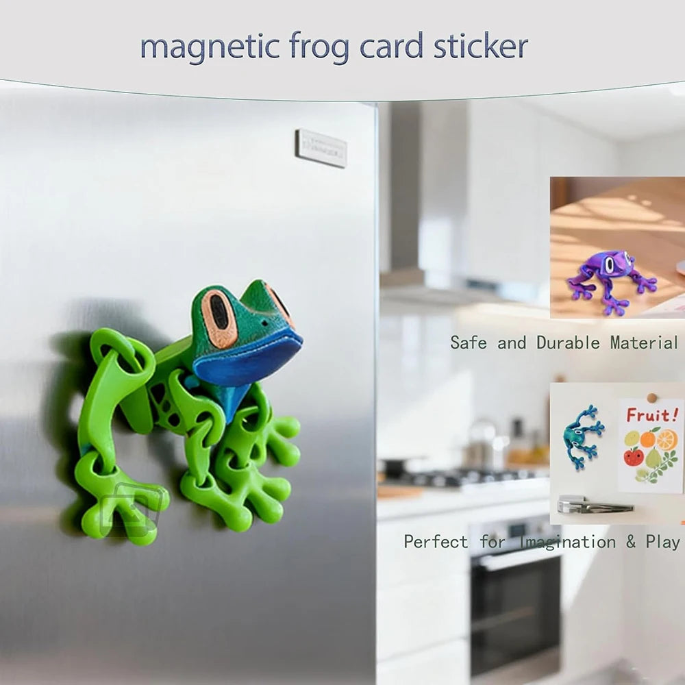 A green 3D frog fridge magnet with movable joints displayed on a silver refrigerator surface.