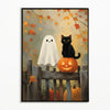 Vintage wall art featuring a white ghost, an orange pumpkin, and a black cat against an autumn foliage background.