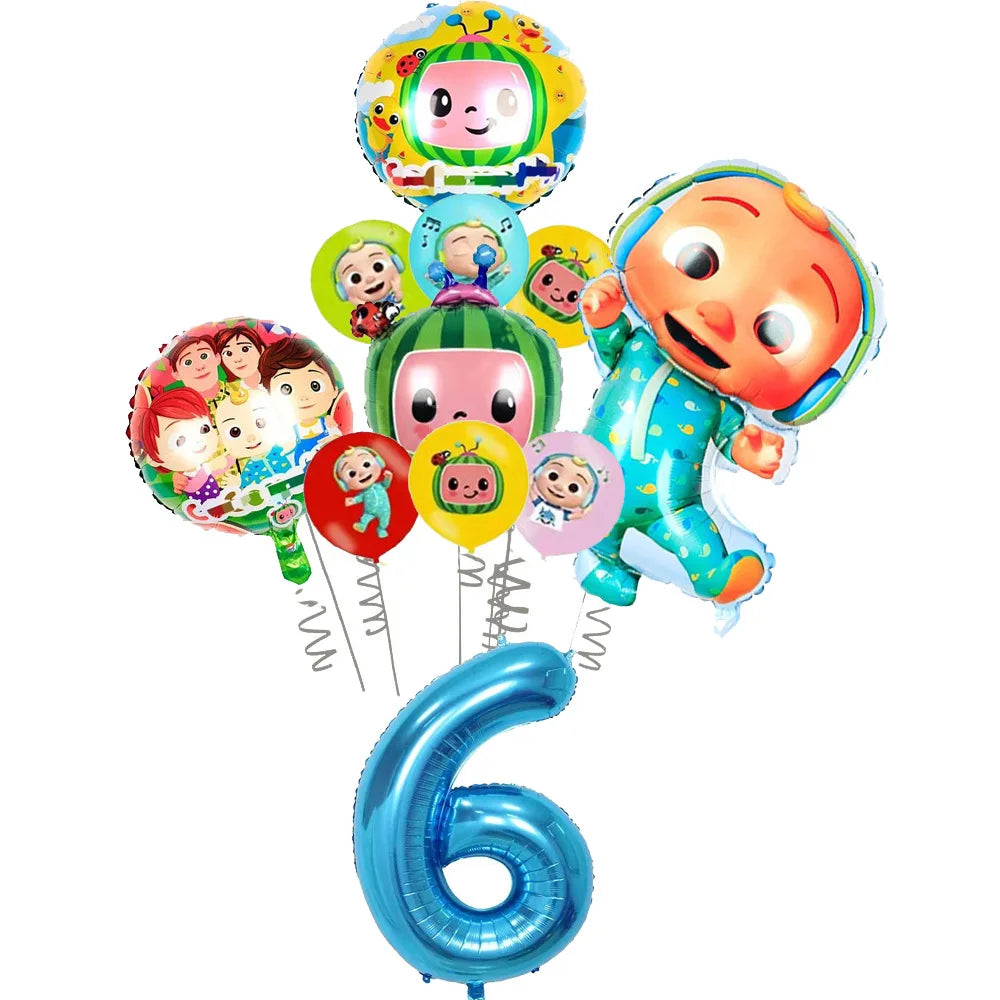 A set of cartoon Cocomelon watermelon foil balloons featuring various characters and the number six.