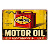Vintage metal tin sign for motor oil featuring a red oil can and the Pennzoil logo on a yellow background.