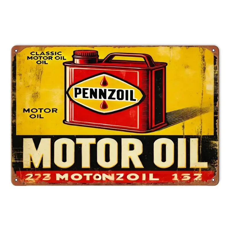 Vintage metal tin sign for motor oil featuring a red oil can and the Pennzoil logo on a yellow background.